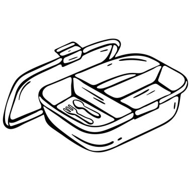 Çatal ve kaşıkla açık beslenme çantasının minimalist el çizimi vektör karalaması. Sürdürülebilir gıda ambalajı, sıfır atık yemek teslimatı ve çevre dostu paket servisi temsil ediyor. Yemek siteleri, sağlıklı beslenme blogları ve kafe uygulamaları için ideal..