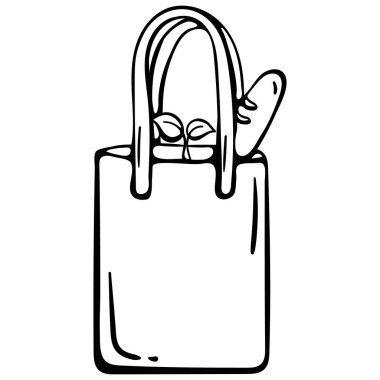 Ekmek ve yaprakla birlikte çevre dostu tekstil çantasının minimalist el çizimi vektör karalaması. Sıfır atık yaşam tarzı, plastiksiz market alışverişi ve sürdürülebilir gıda dağıtımını temsil ediyor. Organik pazarlar ve yeşil bloglar için ideal.