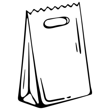 Minimalist el çizimi, kesme saplı kağıt bir alışveriş poşetinin vektör karalaması. Çevre dostu ambalaj, geri dönüşümlü kraft malzemeleri ve sürdürülebilir market teslimatını temsil ediyor. Restoran markası, kafe servisi ve organik dükkanlar için ideal..