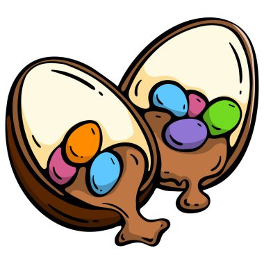 Paskalya çikolatası yumurtaları canlı renkli şekerler ve kremalı dolmalarla dolu. Bahar şekerleme etiketleri, vegan sosyal medya içeriği ve tebrik kartı tasarımları için bitki temelli tatlı ikonu. Sanatsal tatil gösterimi.