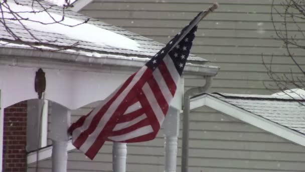 Bandera americana durante tormenta de nieve — Vídeo de stock