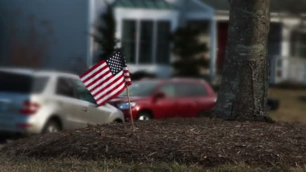 Bandera americana en el patio delantero — Vídeo de stock