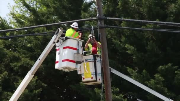 Hombres trabajando en líneas eléctricas — Vídeo de stock