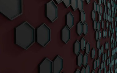 Kırmızı şarap arka planında mavi ışıklı siyah altıgenlerin 3D görüntüsü..