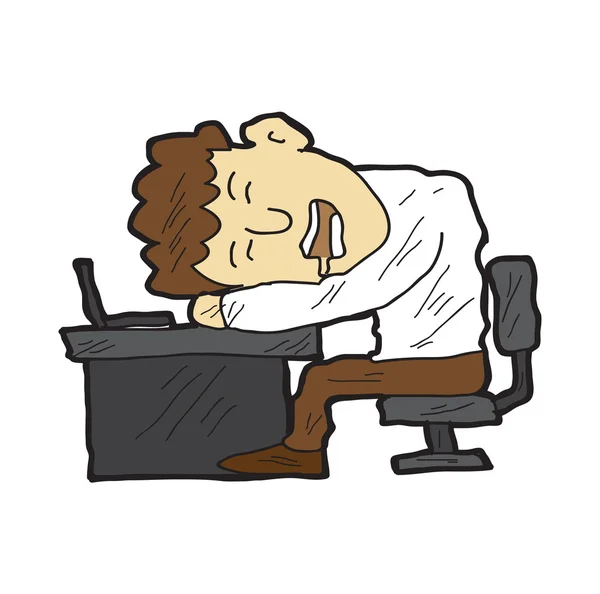 Hombre de dibujos animados dormido en su escritorio — Vector de stock