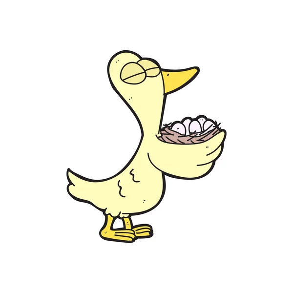 Pato de dibujos animados traer nido con huevos — Vector de stock