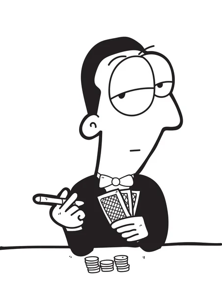 Kartun laki-laki penjudi bermain poker dan merokok cerutu - Stok Vektor