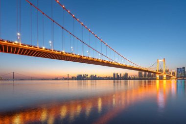 Wuhan papağanı Yangtze nehir köprüsünde akşam karanlığında, hubei, Çin, asma köprü.