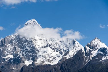 Siguniang Dağı 'nın manzarası ya da batı Sichuan Eyaleti' nin Aba Tibet ve Qing Özerk Bölgesi Xiaojin İlçesi 'ndeki kar şapkalı ve bitkilerli dört kız çocuğu..