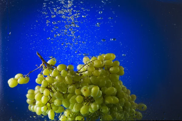 Uvas verdes en agua sobre fondo azul — Foto de Stock