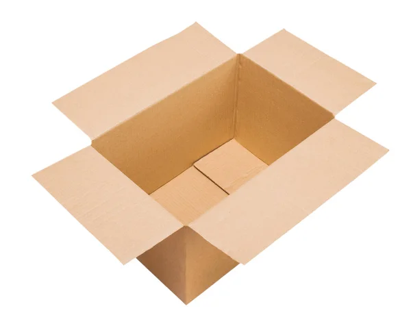 Open Corrugated Cardboard Box Standing Three Quarters Viewer Isolated White — Stock Photo, Image