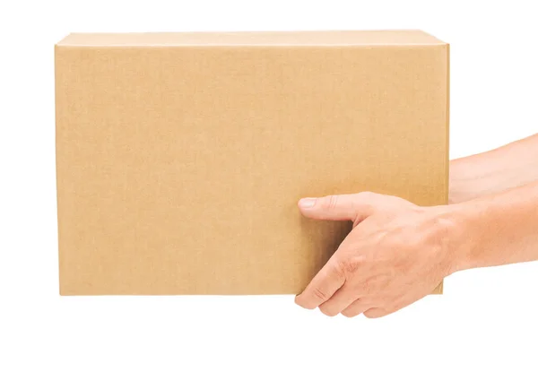 Boîte Carton Ondulé Dans Les Mains Masculines Sur Fond Blanc Images De Stock Libres De Droits