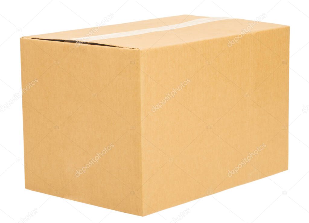 Closed corrugated cardboard box standing in three quarters to the viewer on isolated white background