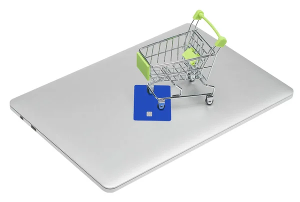 Speelgoedkar Voor Winkelbankkaart Liggen Laptop Geïsoleerde Witte Achtergrond Concept Top — Stockfoto