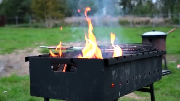 Detailní záběr masa na grilu se vaří na dřevěném uhlí. Venkovní vaření. — Stock video