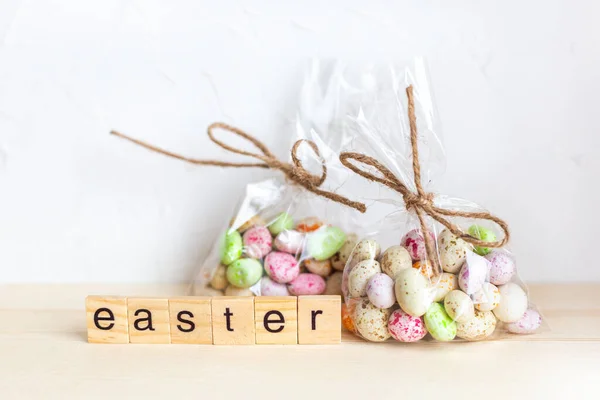 Happy easter. Preparation for the spring holiday, gift wrapping. Sweet shop.