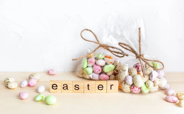 Happy easter. Preparation for the spring holiday, gift wrapping. Sweet shop.