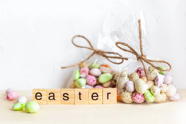 Happy easter. Preparation for the spring holiday, gift wrapping. Sweet shop.