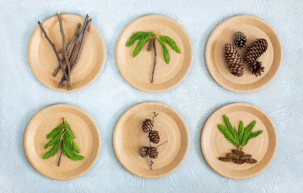 Eco materials, cones, branches on paper plates on a blue background. Flat lay.