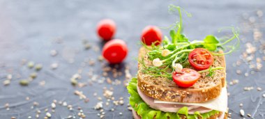 Esmer arka planda geleneksel çifte sandviç. Okul yemeği, fast food..