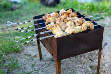 Şiş et, mangalda ya da mangalda yakın plan kömürde kızartılır. Piknik.