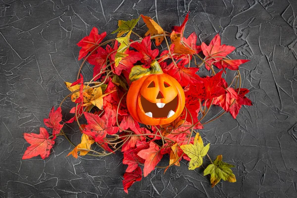 Halloween, laughing pumpkin in a nest of maple leaves on a black background. — Stock Photo, Image