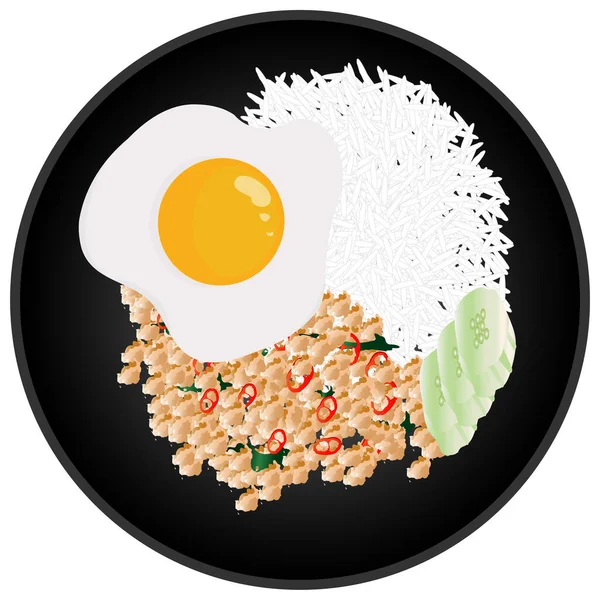 Рис Цыпленком Базиликом Жареным Яйцом Тайской Кухни — стоковый вектор