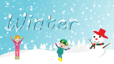 Kış afişi çocuklar kar ve kardan adam