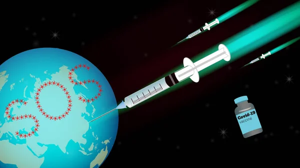 Uma Caricatura Vacina Covid Mergulha Mundo Com Mensagens Sos — Vetor de Stock