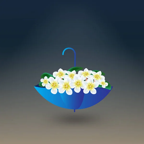 Plumeria Virág Levelek Rendezett Kék Esernyő Indigó Háttér Fény Ragyog — Stock Vector
