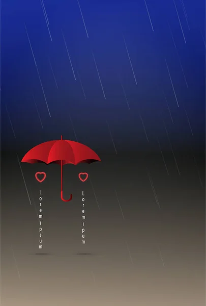Two Red Hearts Open Umbrella Rainy Night — Stock Vector