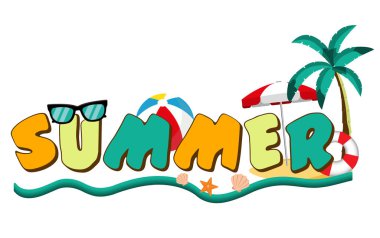 Fun, colorful 3D text SUMMER design with sunglasses, beach ball, umbrella, palm tree, and sand. Perfect for holiday, travel, or seasonal graphics.