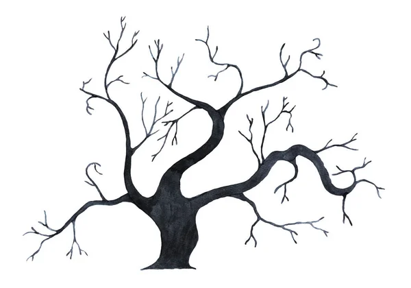 Silhouette Albero Con Rami Storti Sfondo Bianco Acquerello Illustrazione — Foto Stock