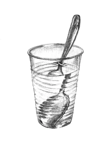 Cuchara Vaso Agua Dibujo Lápiz Ilustración — Foto de Stock