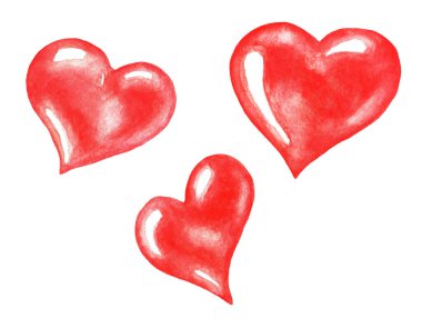 Beyaz arka planda farklı kalpler, suluboya. Görüntü