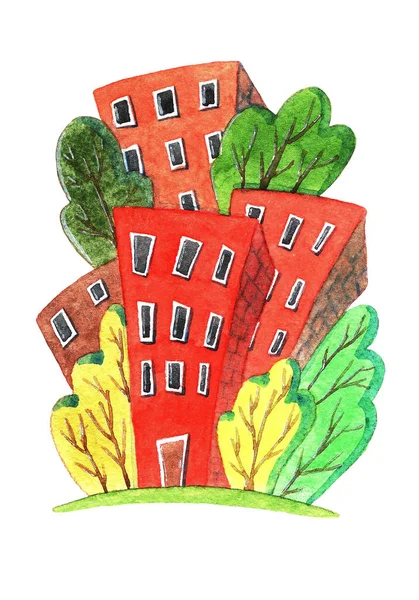 Grattacieli Multicolori Tra Gli Alberi Acquerello Illustrazione — Foto Stock