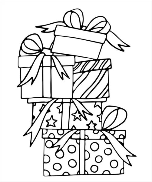 Une Pile Cadeaux Attachés Avec Des Rubans Coloriage Illustration Vectorielle — Image vectorielle