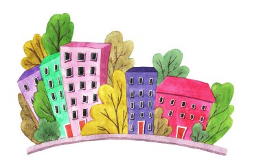 Muhteşem bir şehir. Renkli evler ve ağaçlar. Suluboya çizimi