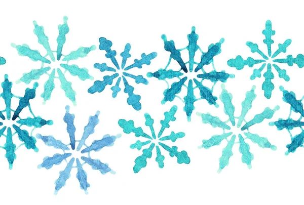 Blue Snowflakes White Background Seamless Pattern Watercolor Illustration — Fotografia de Stock