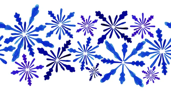 Blå Snöflingor Vit Bakgrund Sömlöst Mönster Akvarell Illustration — Stockfoto