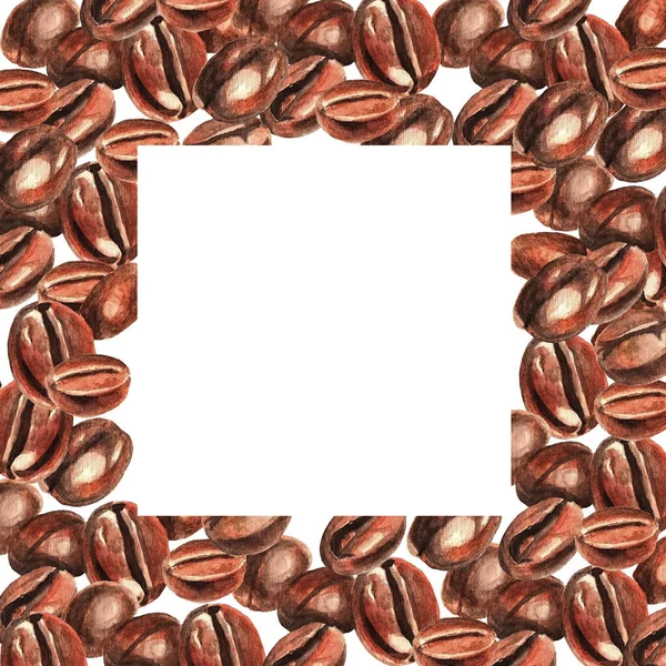 Kaffeebohnen Auf Weißem Hintergrund Quadratischer Rahmen Aquarell — Stockfoto