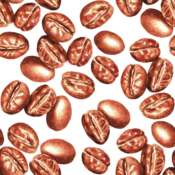 Sömlöst Mönster Kaffebönor Vit Bakgrund Akvarell Illustration — Stockfoto