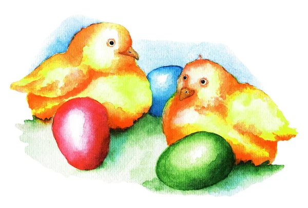 Malowanie Akwarelami Trzy Żółte Kurczaki Trzy Kolorowe Jajka — Zdjęcie stockowe