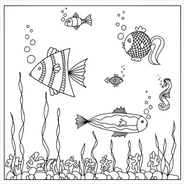 Deniz yosunları ve mercanlarla dolu suda balık. Boyama kitabı. Vektör