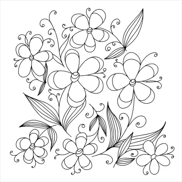 Fleurs Décoratives Avec Des Feuilles Sur Fond Blanc Coloriage Illustration — Image vectorielle