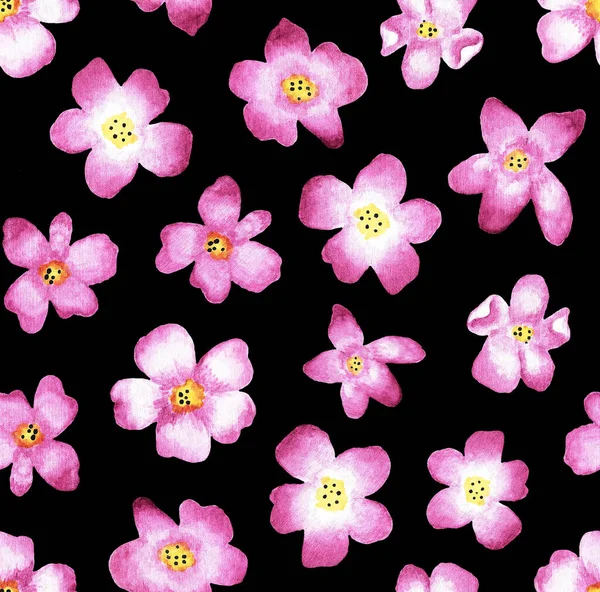 Flores Rosadas Sobre Fondo Negro Ilustración Acuarela Patrón Sin Costura —  Fotos de Stock