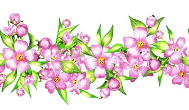 Bir buket pembe çiçek ve beyaz arka planda yapraklar. Kusursuz desen. Suluboya çizimi