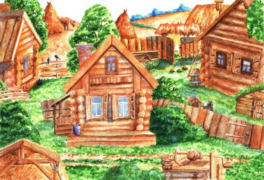 Eski yaz manzarası. Suluboya çizimi