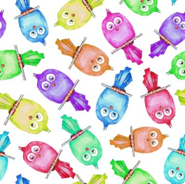 Beyaz arka planda ince bir dal üzerinde çok renkli kuşlar. Kusursuz desen. Suluboya çizimi