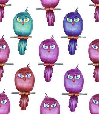 Beyaz arka planda ince bir dal üzerinde çok renkli kuşlar. Kusursuz desen. Suluboya çizimi